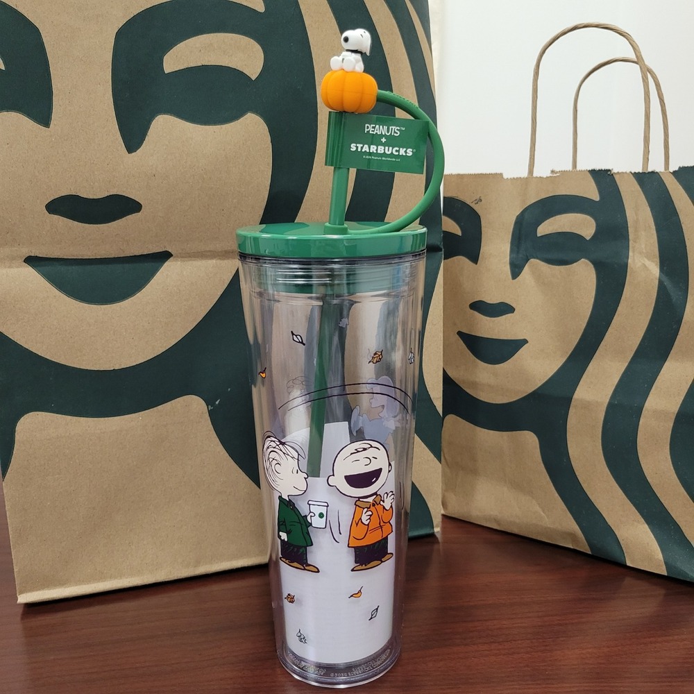 Starbucks Peanuts Cold Cup 24oz Green Snoopy Pumpkin Fall Leaves Tumbler NEW
